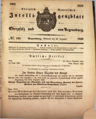 Königlich bayerisches Intelligenzblatt für die Oberpfalz und von Regensburg Mittwoch 26. Dezember 1849