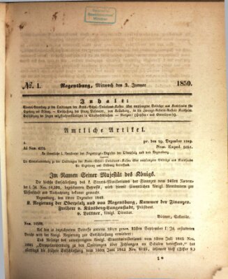 Königlich bayerisches Intelligenzblatt für die Oberpfalz und von Regensburg Mittwoch 2. Januar 1850