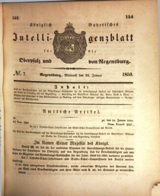 Königlich bayerisches Intelligenzblatt für die Oberpfalz und von Regensburg Mittwoch 23. Januar 1850