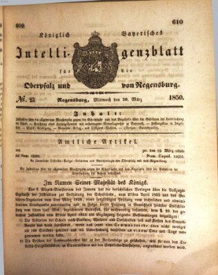 Königlich bayerisches Intelligenzblatt für die Oberpfalz und von Regensburg Mittwoch 20. März 1850