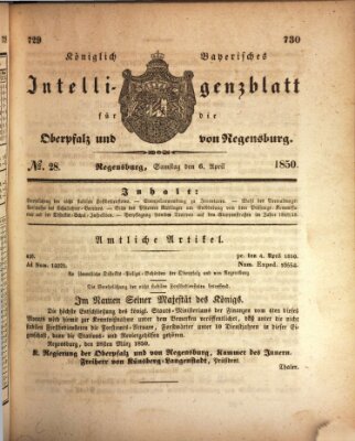 Königlich bayerisches Intelligenzblatt für die Oberpfalz und von Regensburg Samstag 6. April 1850