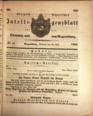 Königlich bayerisches Intelligenzblatt für die Oberpfalz und von Regensburg Mittwoch 24. April 1850