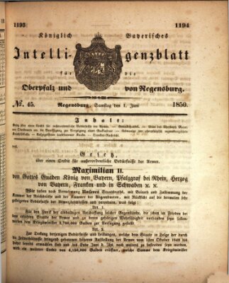 Königlich bayerisches Intelligenzblatt für die Oberpfalz und von Regensburg Samstag 1. Juni 1850