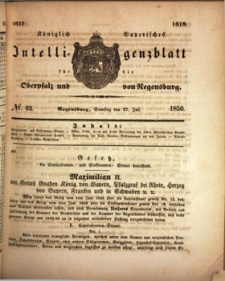 Königlich bayerisches Intelligenzblatt für die Oberpfalz und von Regensburg Samstag 27. Juli 1850