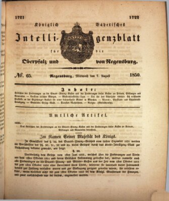 Königlich bayerisches Intelligenzblatt für die Oberpfalz und von Regensburg Mittwoch 7. August 1850