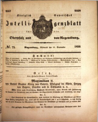 Königlich bayerisches Intelligenzblatt für die Oberpfalz und von Regensburg Mittwoch 11. September 1850