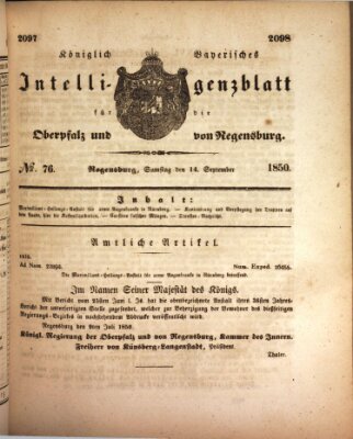 Königlich bayerisches Intelligenzblatt für die Oberpfalz und von Regensburg Samstag 14. September 1850