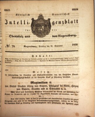 Königlich bayerisches Intelligenzblatt für die Oberpfalz und von Regensburg Samstag 21. September 1850