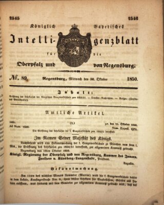 Königlich bayerisches Intelligenzblatt für die Oberpfalz und von Regensburg Mittwoch 30. Oktober 1850