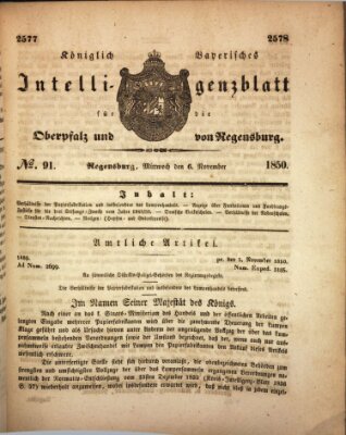 Königlich bayerisches Intelligenzblatt für die Oberpfalz und von Regensburg Mittwoch 6. November 1850