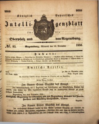 Königlich bayerisches Intelligenzblatt für die Oberpfalz und von Regensburg Mittwoch 13. November 1850