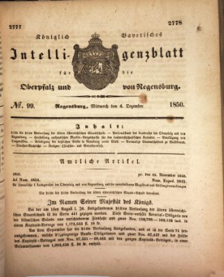 Königlich bayerisches Intelligenzblatt für die Oberpfalz und von Regensburg Mittwoch 4. Dezember 1850