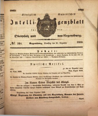 Königlich bayerisches Intelligenzblatt für die Oberpfalz und von Regensburg Samstag 21. Dezember 1850