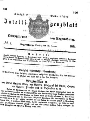 Königlich bayerisches Intelligenzblatt für die Oberpfalz und von Regensburg Samstag 18. Januar 1851