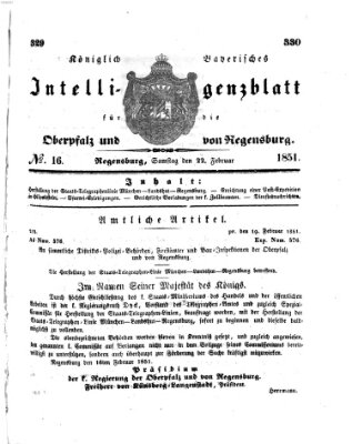 Königlich bayerisches Intelligenzblatt für die Oberpfalz und von Regensburg Samstag 22. Februar 1851