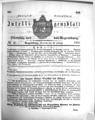 Königlich bayerisches Intelligenzblatt für die Oberpfalz und von Regensburg Mittwoch 26. Februar 1851