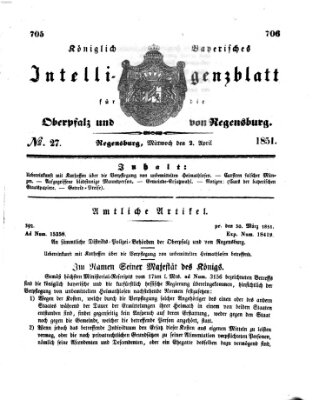 Königlich bayerisches Intelligenzblatt für die Oberpfalz und von Regensburg Mittwoch 2. April 1851