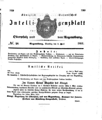 Königlich bayerisches Intelligenzblatt für die Oberpfalz und von Regensburg Samstag 5. April 1851