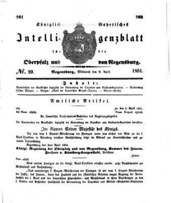 Königlich bayerisches Intelligenzblatt für die Oberpfalz und von Regensburg Mittwoch 9. April 1851