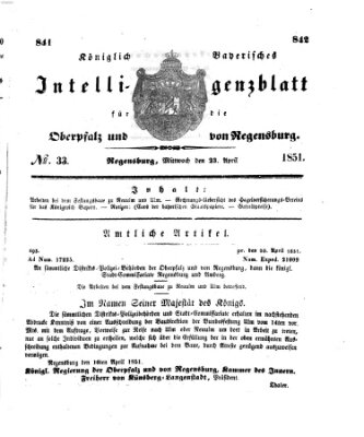 Königlich bayerisches Intelligenzblatt für die Oberpfalz und von Regensburg Mittwoch 23. April 1851