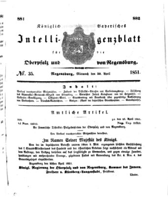 Königlich bayerisches Intelligenzblatt für die Oberpfalz und von Regensburg Mittwoch 30. April 1851