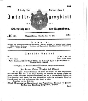 Königlich bayerisches Intelligenzblatt für die Oberpfalz und von Regensburg Samstag 10. Mai 1851