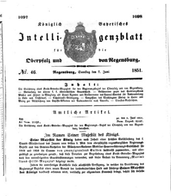 Königlich bayerisches Intelligenzblatt für die Oberpfalz und von Regensburg Samstag 7. Juni 1851