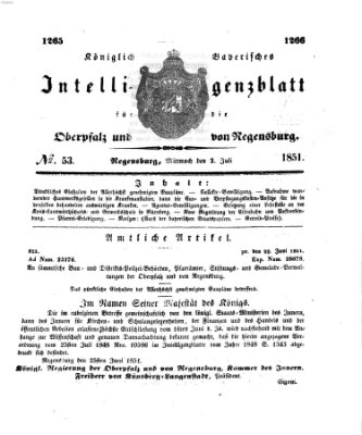 Königlich bayerisches Intelligenzblatt für die Oberpfalz und von Regensburg Mittwoch 2. Juli 1851