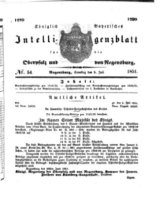 Königlich bayerisches Intelligenzblatt für die Oberpfalz und von Regensburg Samstag 5. Juli 1851