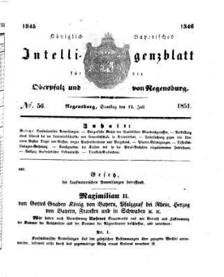 Königlich bayerisches Intelligenzblatt für die Oberpfalz und von Regensburg Samstag 12. Juli 1851