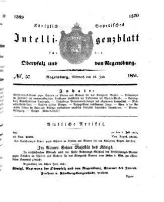 Königlich bayerisches Intelligenzblatt für die Oberpfalz und von Regensburg Mittwoch 16. Juli 1851