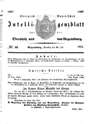 Königlich bayerisches Intelligenzblatt für die Oberpfalz und von Regensburg Samstag 26. Juli 1851