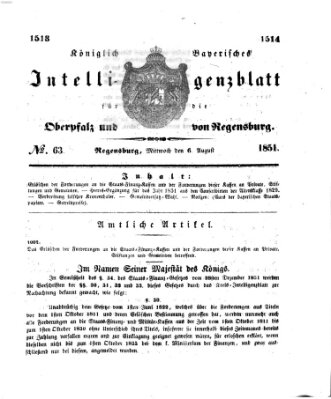 Königlich bayerisches Intelligenzblatt für die Oberpfalz und von Regensburg Mittwoch 6. August 1851