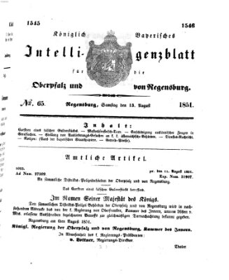 Königlich bayerisches Intelligenzblatt für die Oberpfalz und von Regensburg Mittwoch 13. August 1851