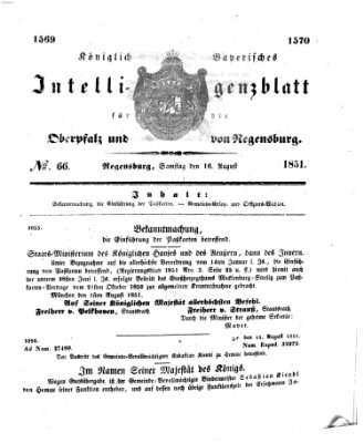 Königlich bayerisches Intelligenzblatt für die Oberpfalz und von Regensburg Samstag 16. August 1851