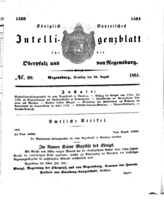 Königlich bayerisches Intelligenzblatt für die Oberpfalz und von Regensburg Samstag 23. August 1851