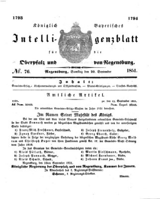 Königlich bayerisches Intelligenzblatt für die Oberpfalz und von Regensburg Samstag 20. September 1851