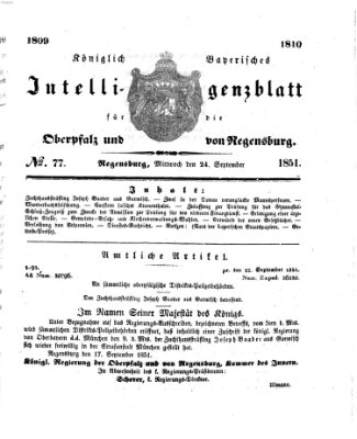 Königlich bayerisches Intelligenzblatt für die Oberpfalz und von Regensburg Mittwoch 24. September 1851