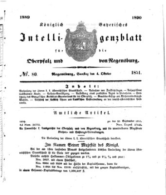 Königlich bayerisches Intelligenzblatt für die Oberpfalz und von Regensburg Samstag 4. Oktober 1851