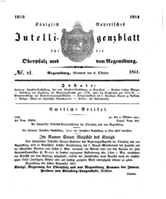 Königlich bayerisches Intelligenzblatt für die Oberpfalz und von Regensburg Mittwoch 8. Oktober 1851