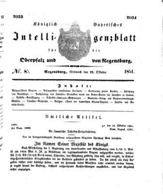 Königlich bayerisches Intelligenzblatt für die Oberpfalz und von Regensburg Mittwoch 22. Oktober 1851