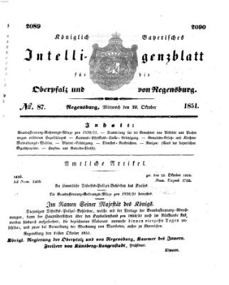 Königlich bayerisches Intelligenzblatt für die Oberpfalz und von Regensburg Mittwoch 29. Oktober 1851