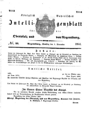 Königlich bayerisches Intelligenzblatt für die Oberpfalz und von Regensburg Samstag 1. November 1851