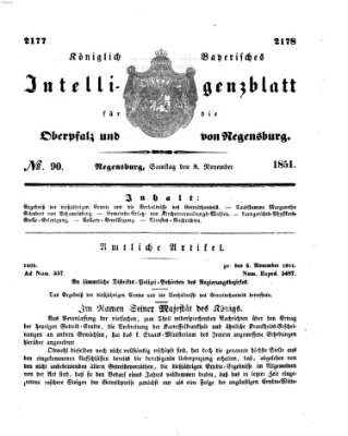 Königlich bayerisches Intelligenzblatt für die Oberpfalz und von Regensburg Samstag 8. November 1851