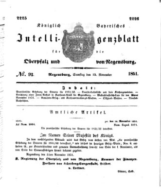 Königlich bayerisches Intelligenzblatt für die Oberpfalz und von Regensburg Samstag 15. November 1851