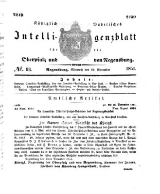 Königlich bayerisches Intelligenzblatt für die Oberpfalz und von Regensburg Mittwoch 19. November 1851