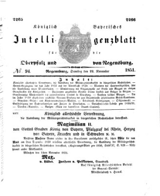 Königlich bayerisches Intelligenzblatt für die Oberpfalz und von Regensburg Samstag 22. November 1851