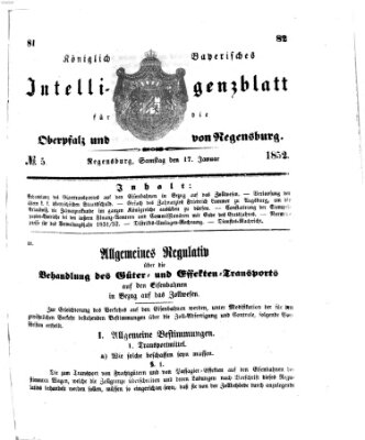 Königlich bayerisches Intelligenzblatt für die Oberpfalz und von Regensburg Samstag 17. Januar 1852