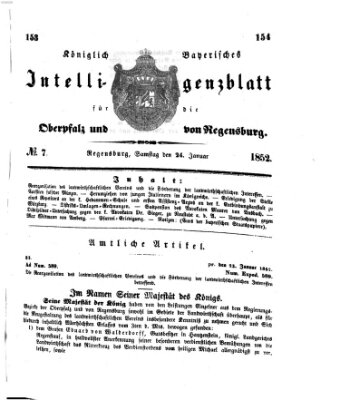 Königlich bayerisches Intelligenzblatt für die Oberpfalz und von Regensburg Samstag 24. Januar 1852