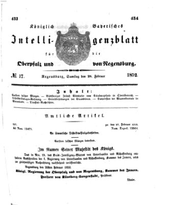 Königlich bayerisches Intelligenzblatt für die Oberpfalz und von Regensburg Samstag 28. Februar 1852